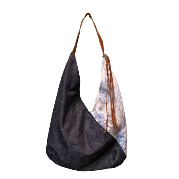 Atenti shoulder bag tote satchel purse denim and floral print with leather strap - Picture 1 of 16
